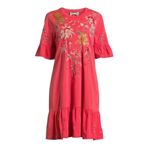 Johnny Was Pink Andrean Embroidered T-Shirt Dress Size Large - Picture 2 of 12